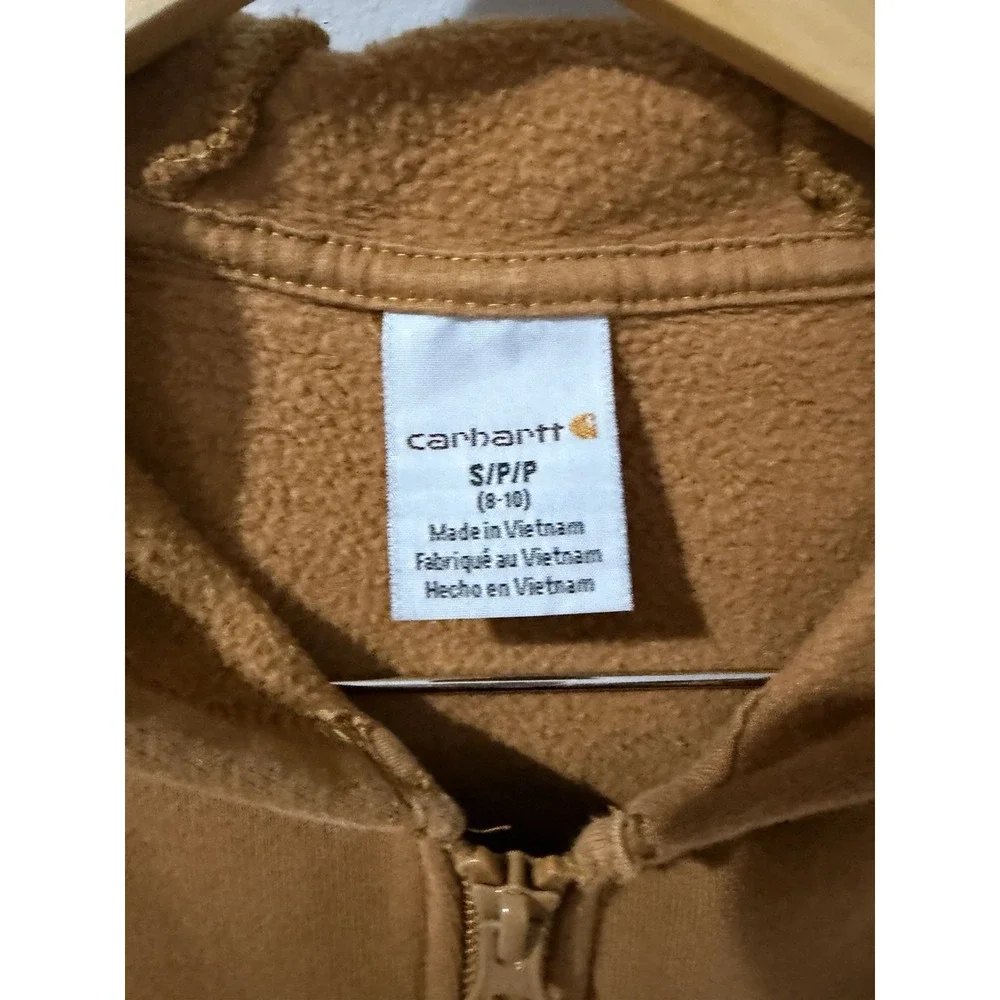 Carhartt Boys Brown Full Zip Hooded Hoodie w/ Pockets Logo Size S 8-9. 1